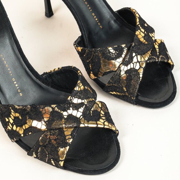 Giuseppe Zanotti Gold & Black Lace Crossover-Strap Mules - Picture 6 of 10